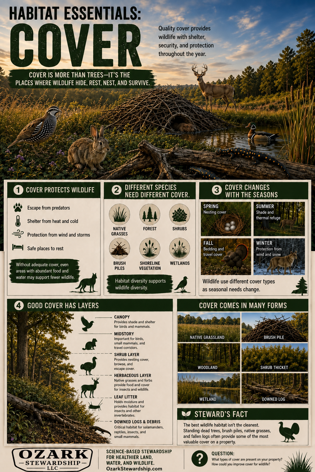 Habitat Essentials Cover infographic showing cover types, seasonal needs, and habitat layers