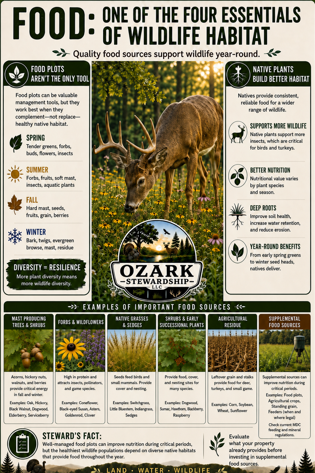Habitat Essentials Food infographic explaining seasonal and native food sources