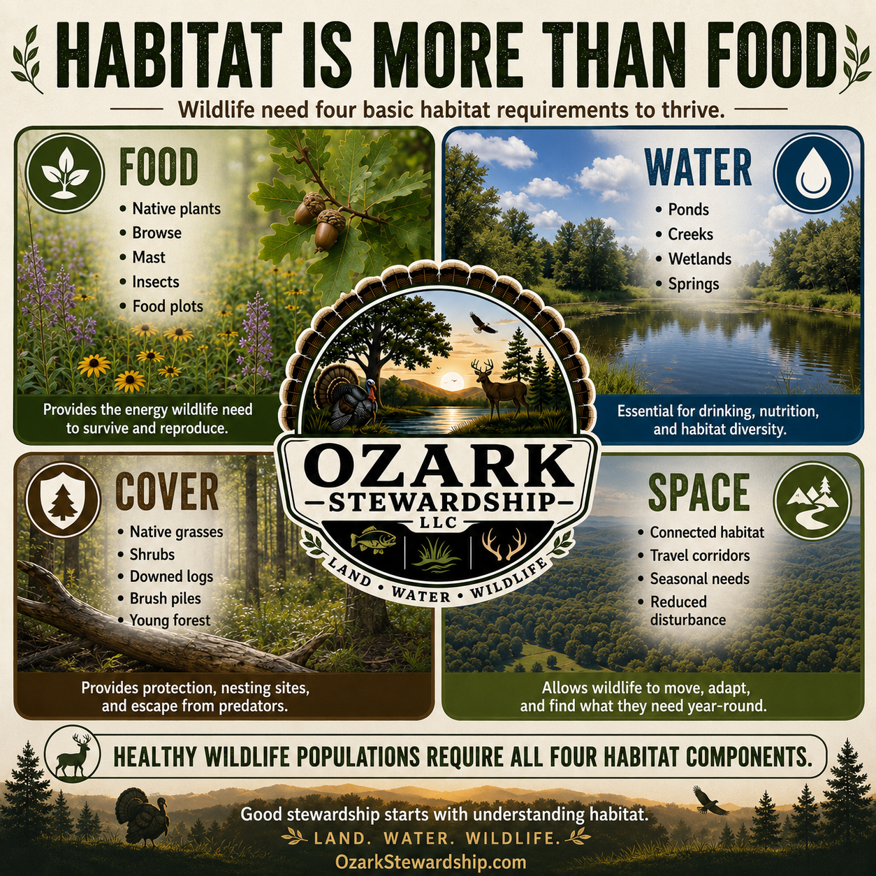 Habitat Is More Than Food infographic introducing food, water, cover, and space
