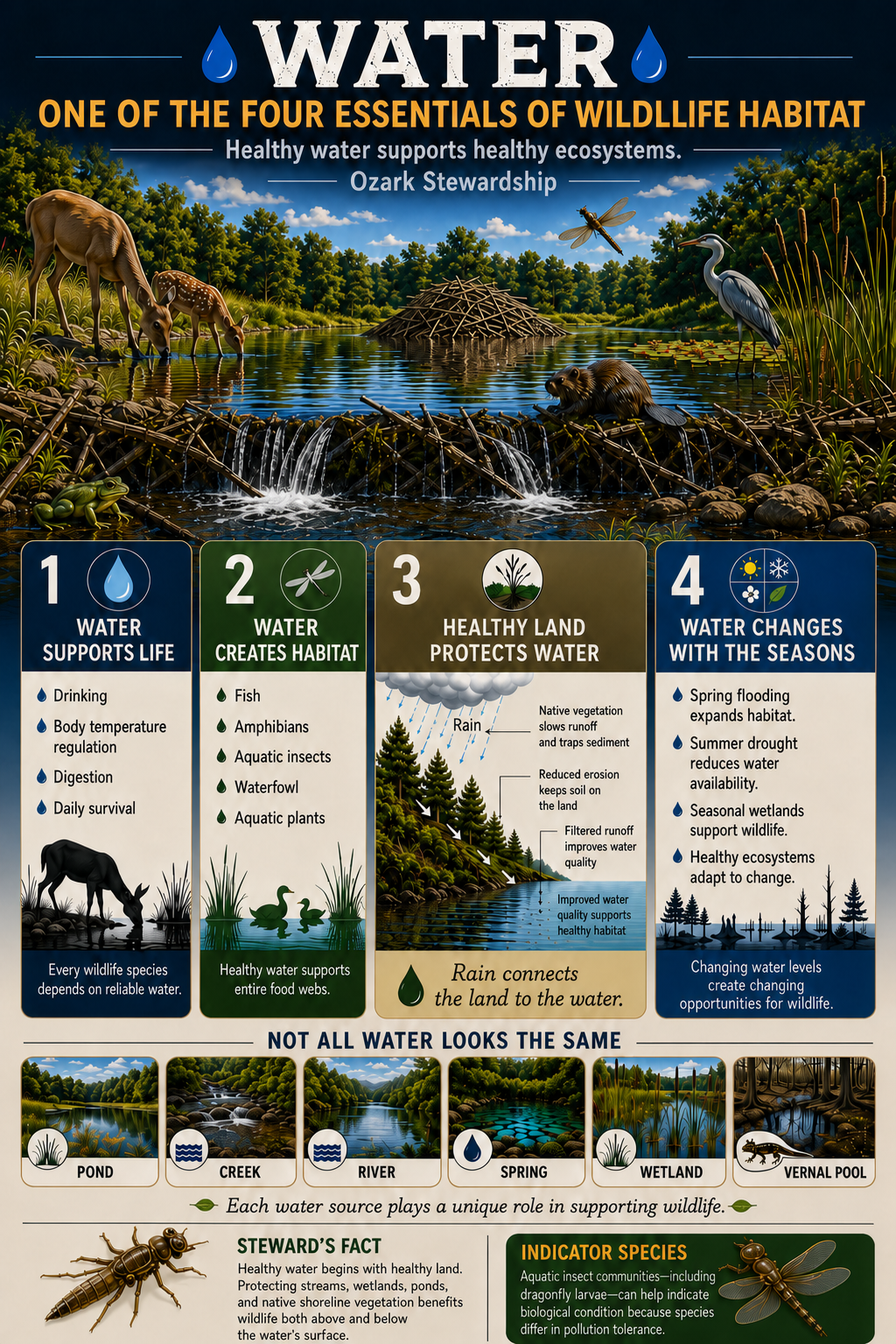 Habitat Essentials Water infographic showing the roles and forms of water in wildlife habitat