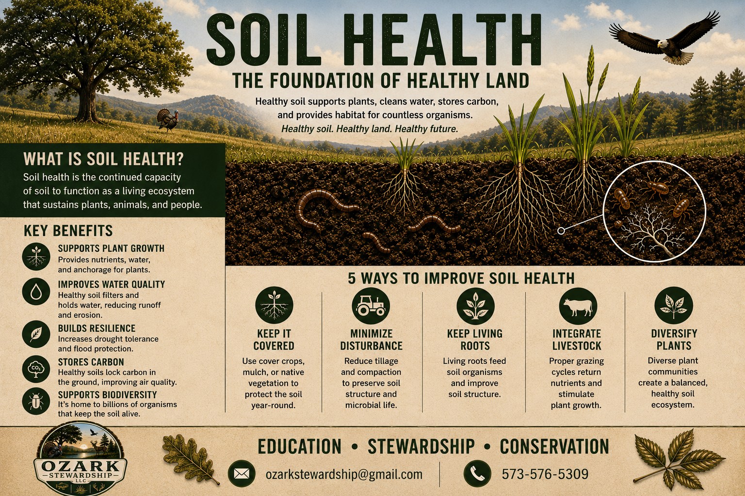 Soil health infographic showing cover, living roots, diversity, reduced disturbance and livestock integration