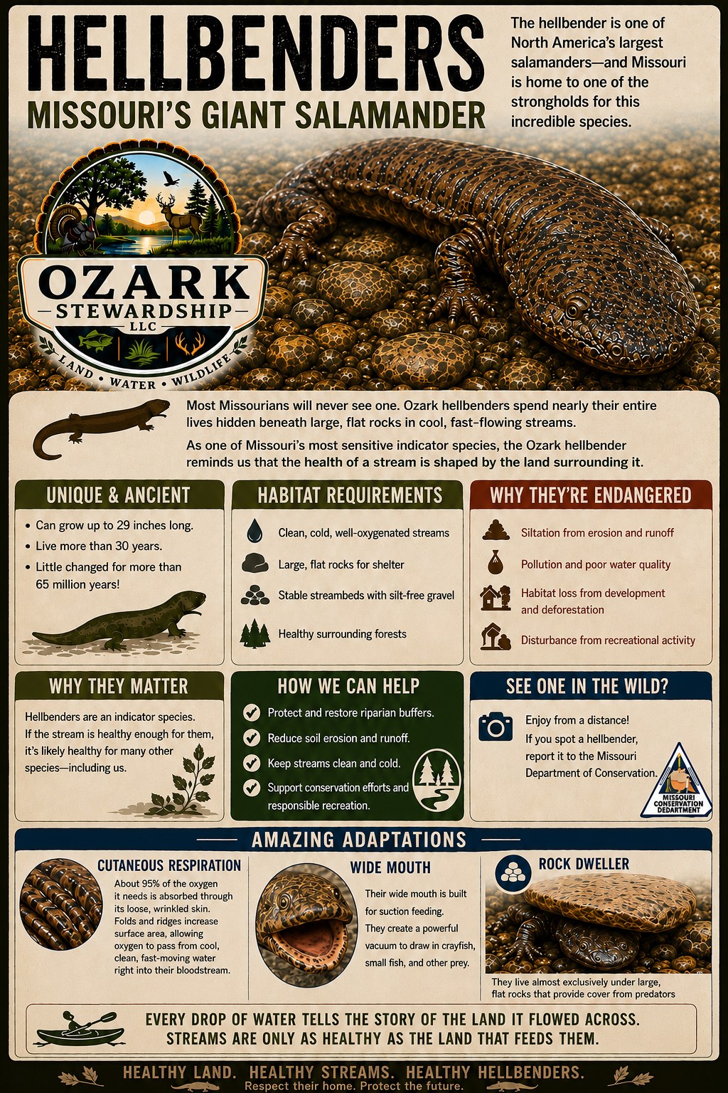 Ozark hellbender infographic explaining its adaptations, habitat and conservation