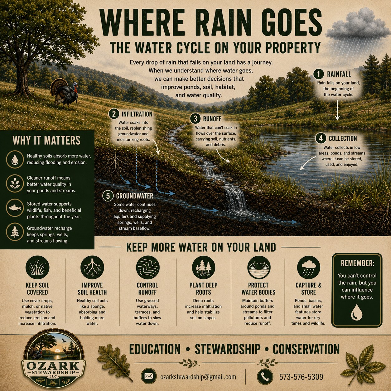 Infographic illustrating infiltration, runoff, erosion and water movement across land